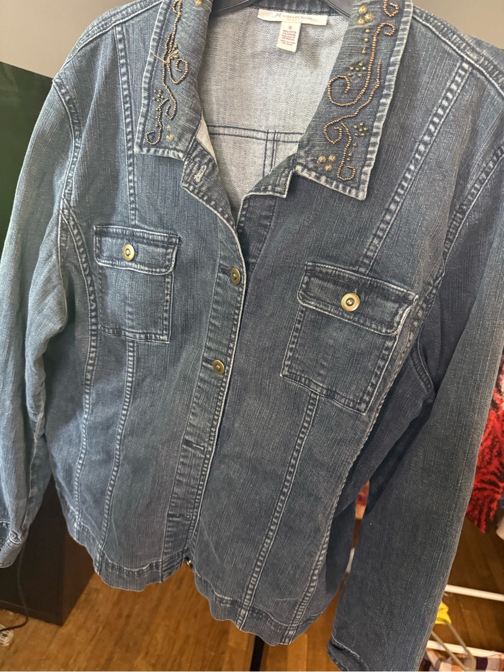 JM Collection Embroidered Collar Denim Jacket - dark Blue PTP 19-26